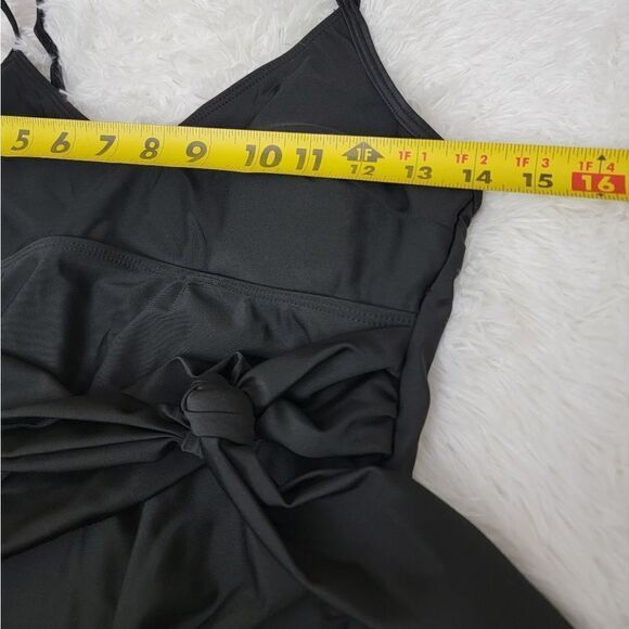 Belted Bathing Suit Solid Black V Neck One Piece Swimsuit Tummy Control Size S - Picture 3 of 7